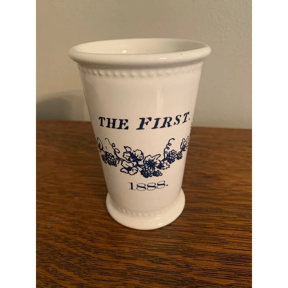 Vintage Small Ceramic White Vase with Blue Detail Home Decor Cottage Farmhouse